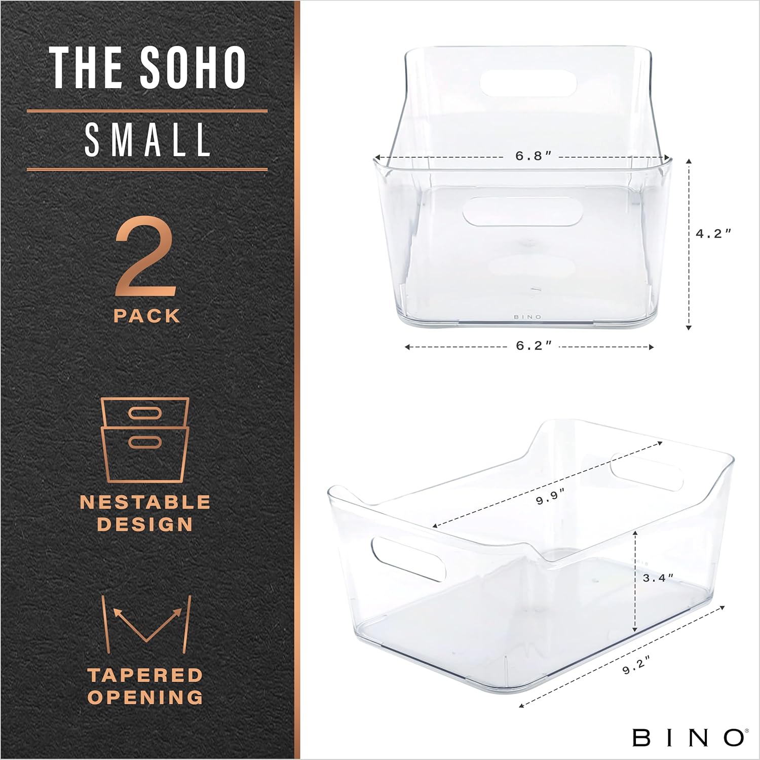 BINO | Plastic Storage Bins, Small - 2 Pack, Clear | THE SOHO COLLECTION | Pantry Organizers and