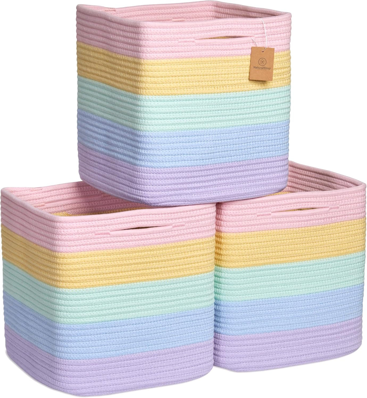 NaturalCozy Storage Cubes 11 Inch Cotton Rope Woven Baskets for Organizing, 3-Pack | Cube Storage