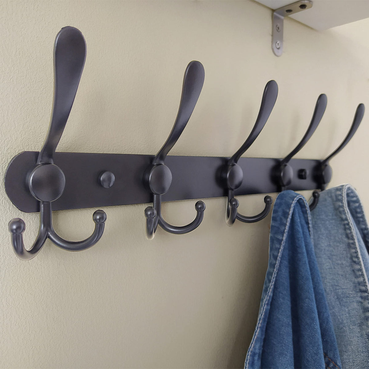 Dseap Coat Rack Wall Mounted - 5 Tri Hooks, Heavy Duty, Stainless Steel, Metal Coat Hook Rail for