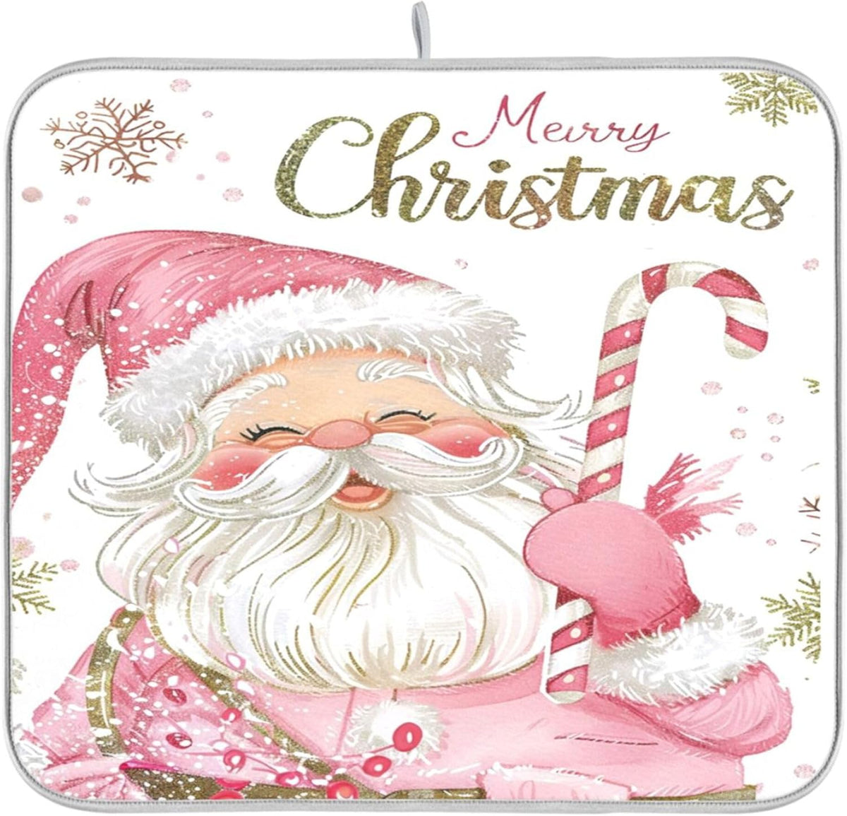Christmas Santa Claus Pink Dish Drying Mat for Kitchen Countertop 16x18 Xmas Candy Cane Snowflake