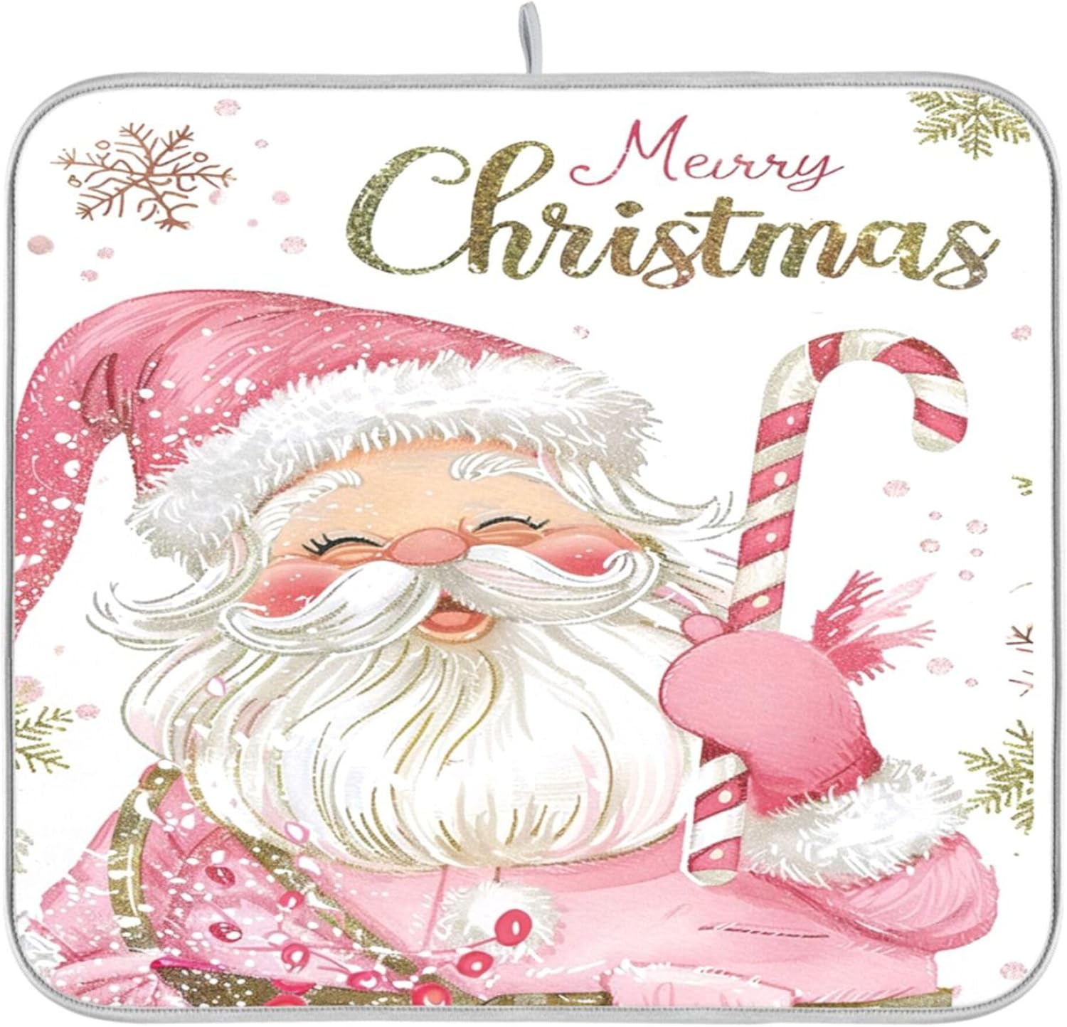 Christmas Santa Claus Pink Dish Drying Mat for Kitchen Countertop 16x18 Xmas Candy Cane Snowflake
