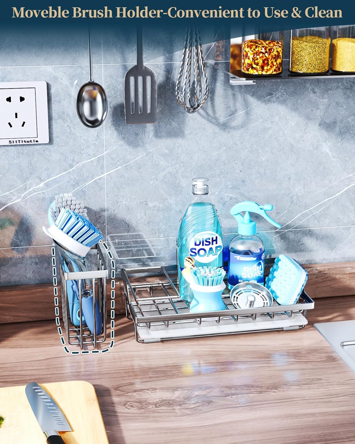 Consumest Sink Caddy, Kitchen Sponge Holder with Dish Brush Holder, Kitchen Sink Organizer with