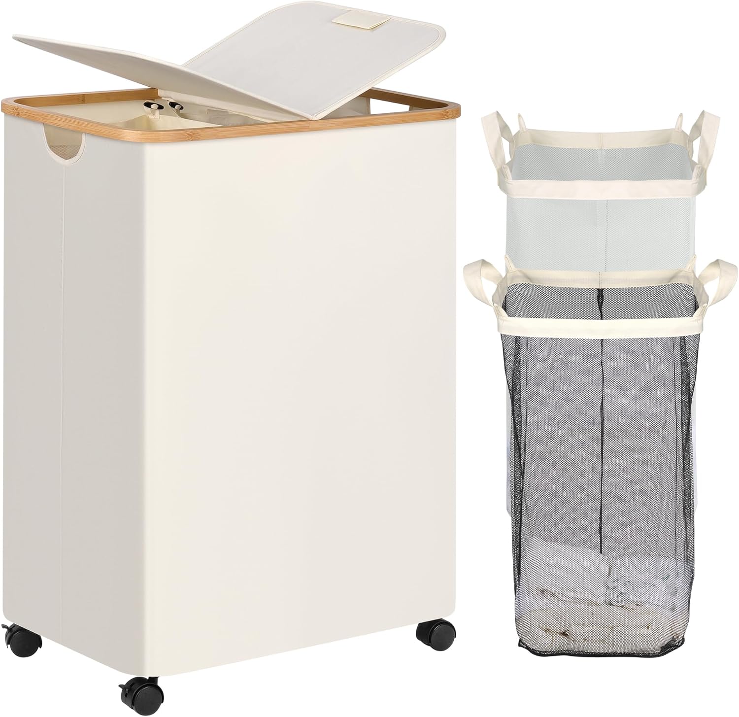 efluky Double Laundry Hamper with Wheels, Divided Laundry Hamper with Removable Bags, 2 Section