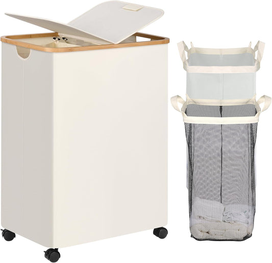 efluky Double Laundry Hamper with Wheels, Divided Laundry Hamper with Removable Bags, 2 Section
