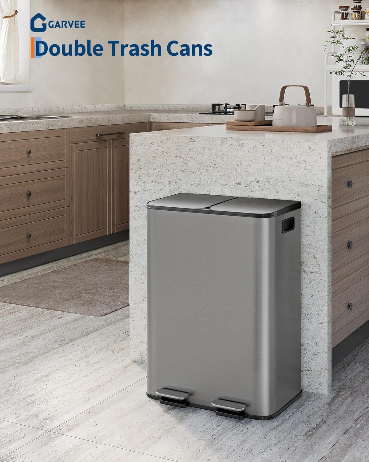 GarveeHome 2 x 8 Gallon Stainless Steel Double Trash Can with Lid for Kitchen, Large Dual Trash and