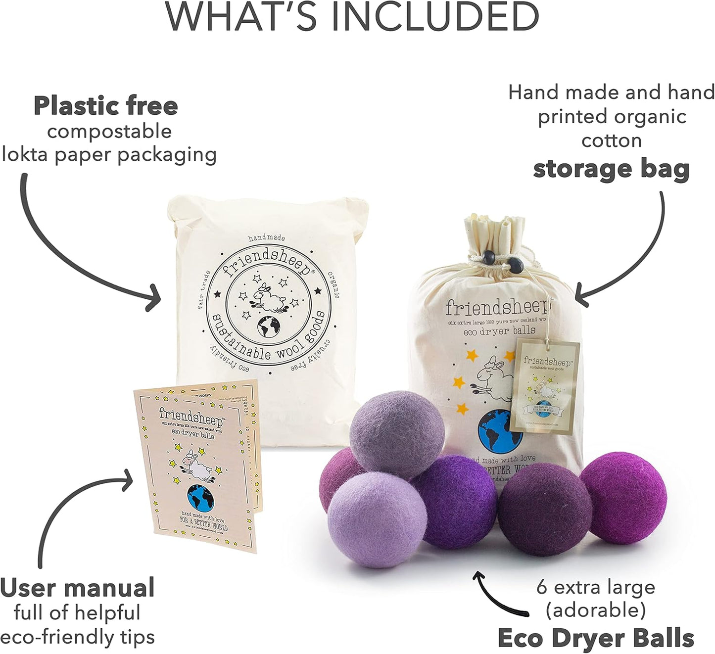 Friendsheep Wool Dryer Balls Purple 6 Pack XL Organic Premium Reusable Cruelty Free Handmade Fair