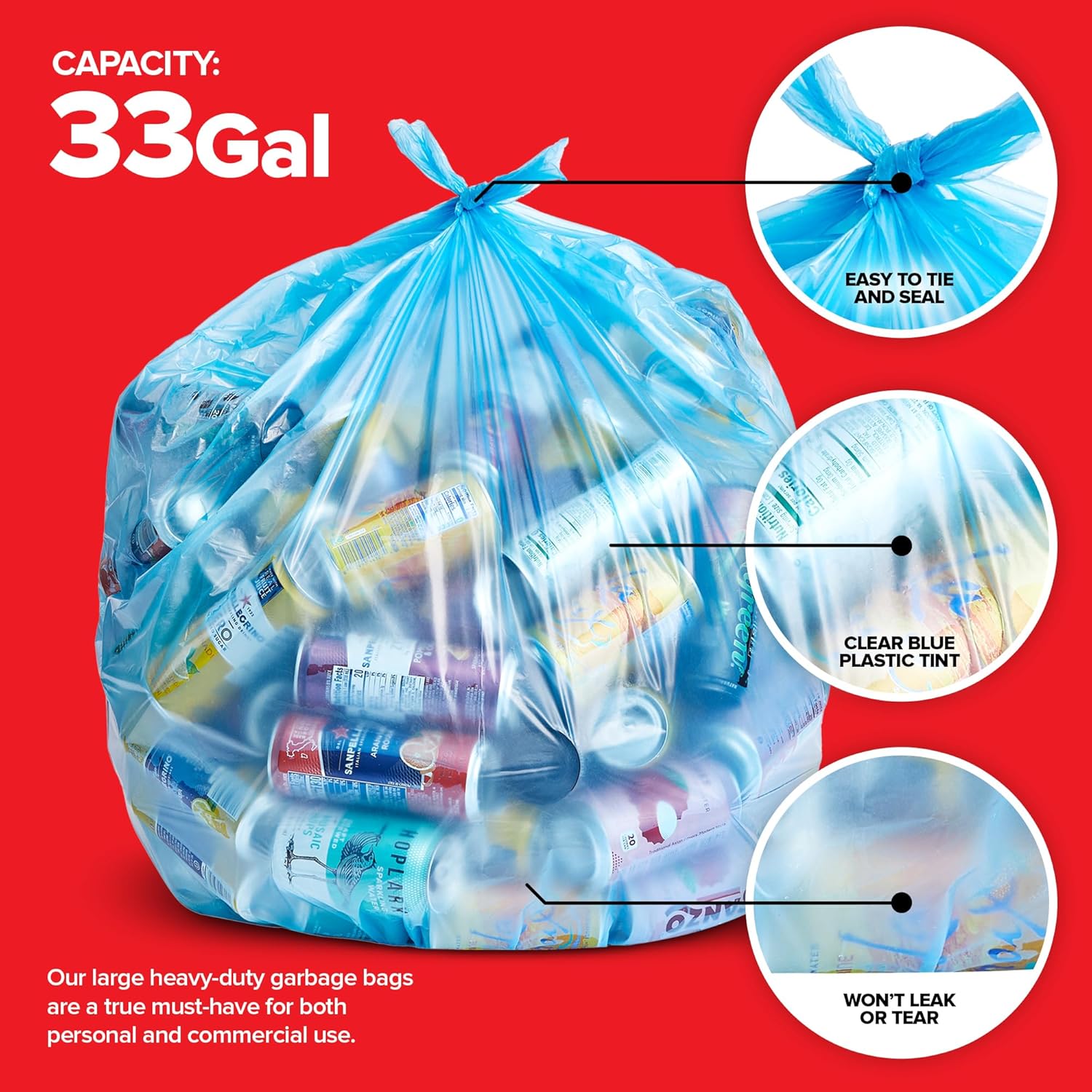 Heavy-Duty Blue Recycling Bags, 120-Pack Blue Garbage Bags For Recycling | 33-Gallon Capacity|
