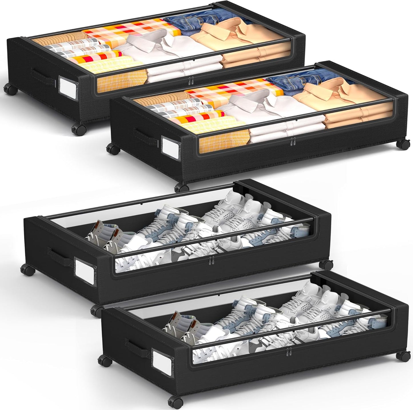 Under Bed Storage with Wheels, Square Under Bed Storage Containers, 4 Pack Under The Bed Storage