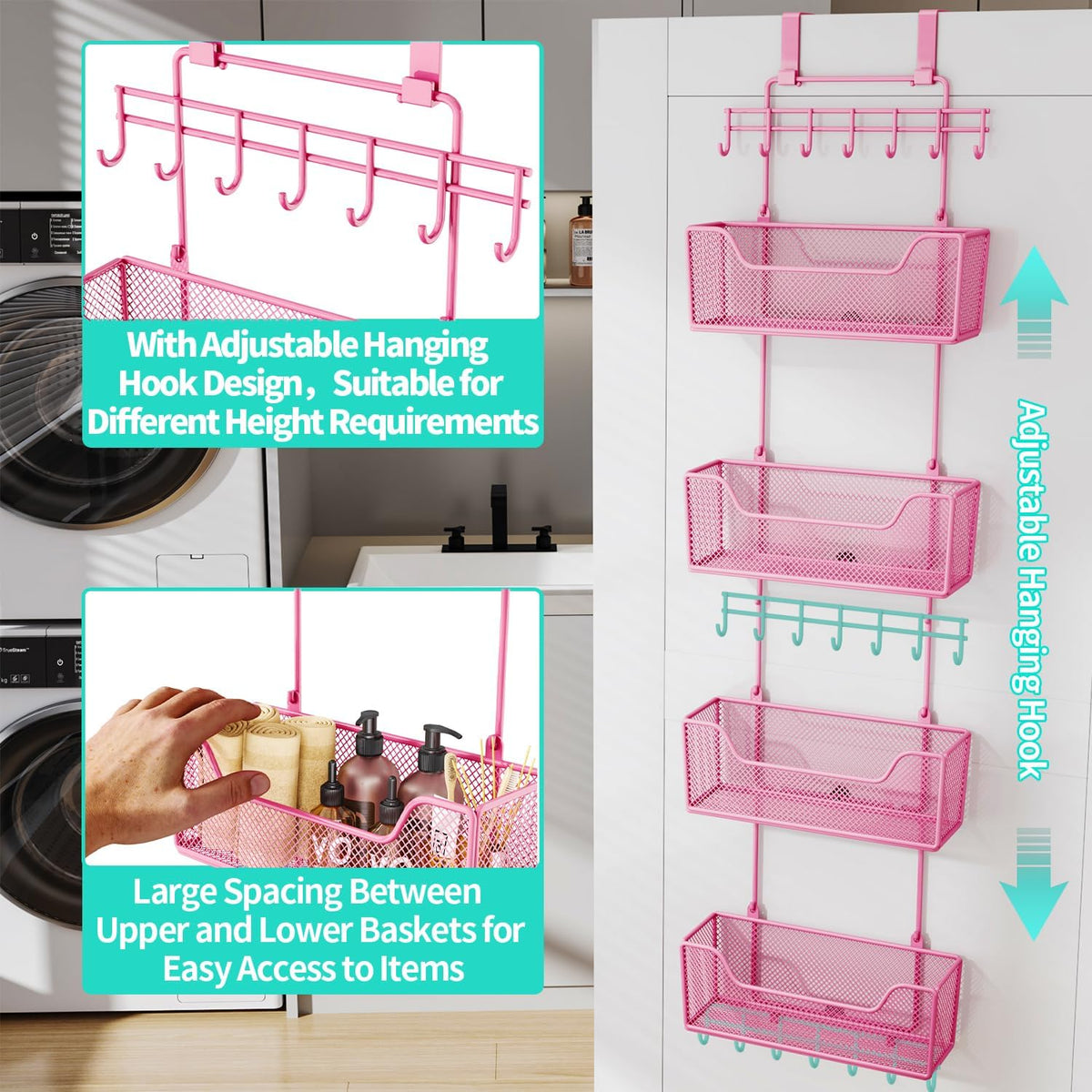 HapiRm Over Door Organizer Storage - Hanging Door Organizer with 4 Metal Large Capacity Baskets and