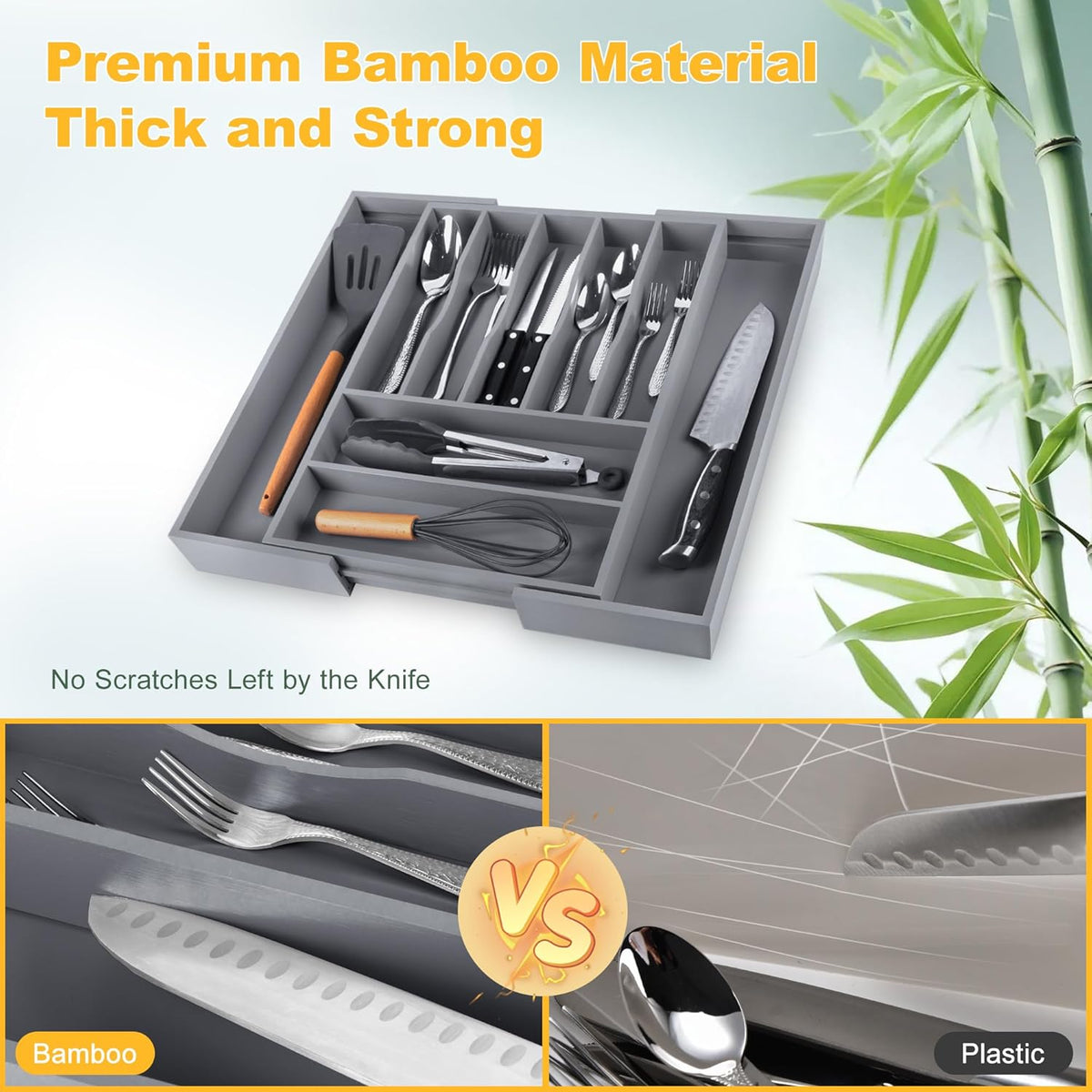Large Premium Bamboo Silverware Organizer - Expandable Drawer Organizer & Utensil Organizer