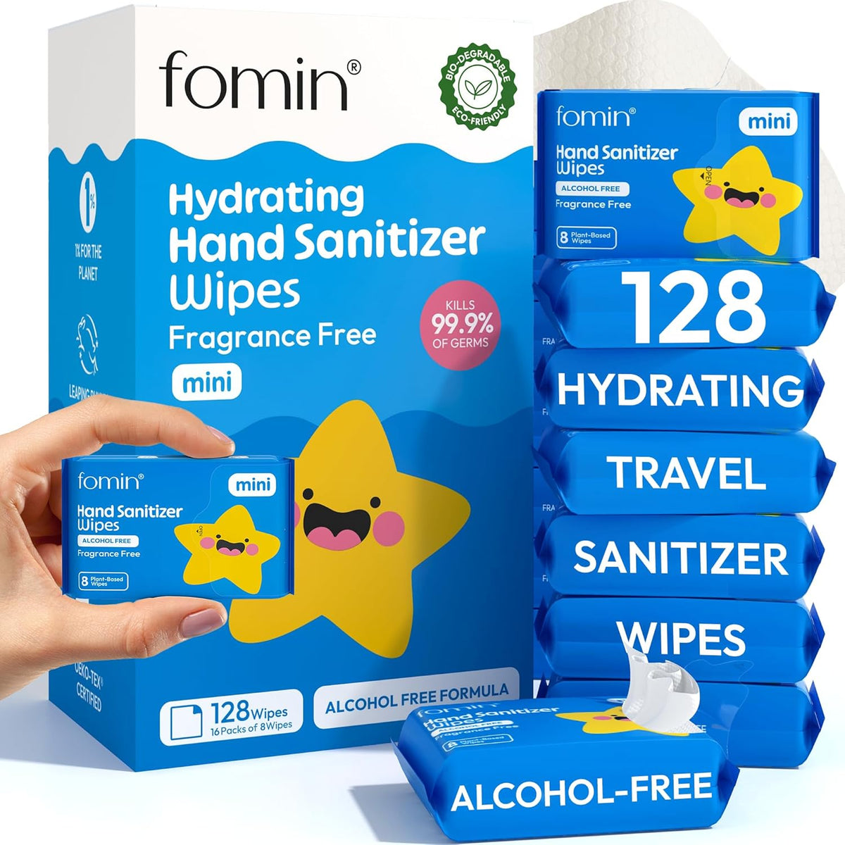 Fomin Mini Hand Sanitizer Wipes 16 Pack (8 Count) - Fragrance Free Mini Wet Wipe - pH Balanced