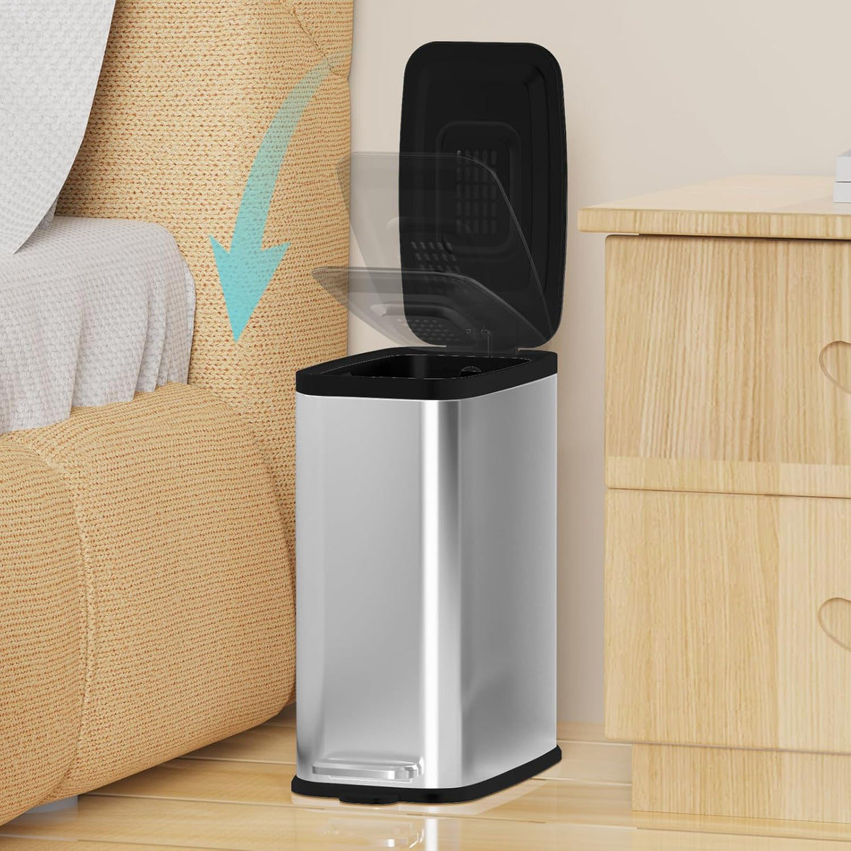 Stainless Steel Bathroom Trash Can with Lid Soft Close,1.6 Gallon Slim Garbage can,Small Metal Step