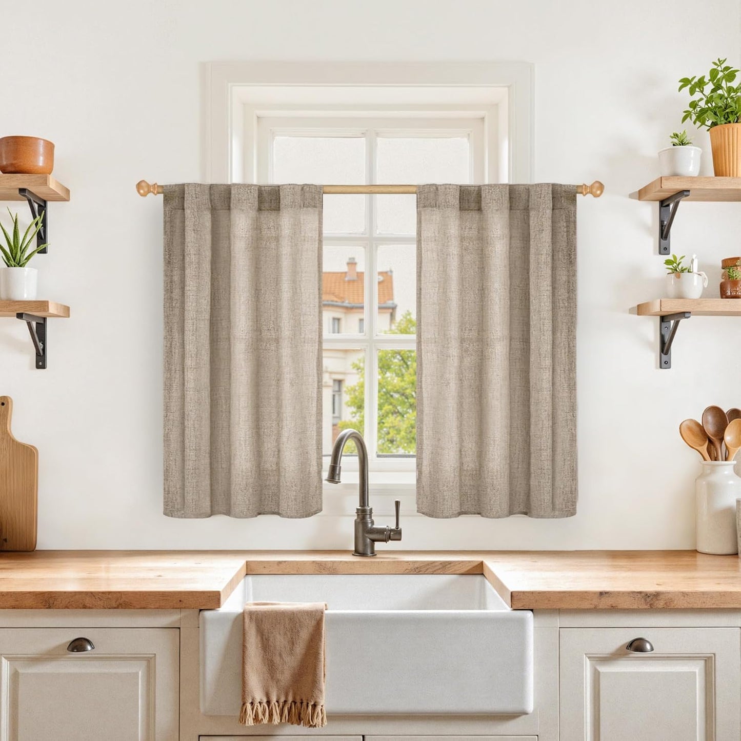 YoungsTex Small Linen Curtains 36 Inch Length for Kitchen Window Over Sink, Cafe Drapes Semi Sheer