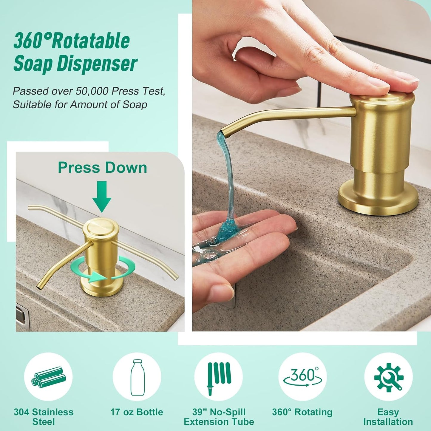 CREA Brushed Gold Kitchen Soap Dispenser Countertop Soap Dispenser for Kitchen Sink, Built in Sink