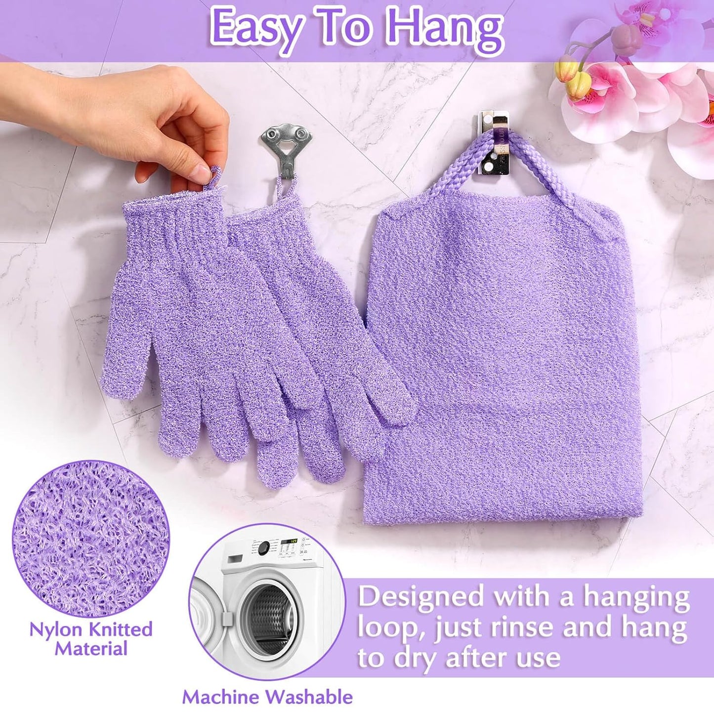 Anezus Exfoliating Back Scrubber Bath Gloves Set, Exfoliating Shower Towel with Shower Gloves for