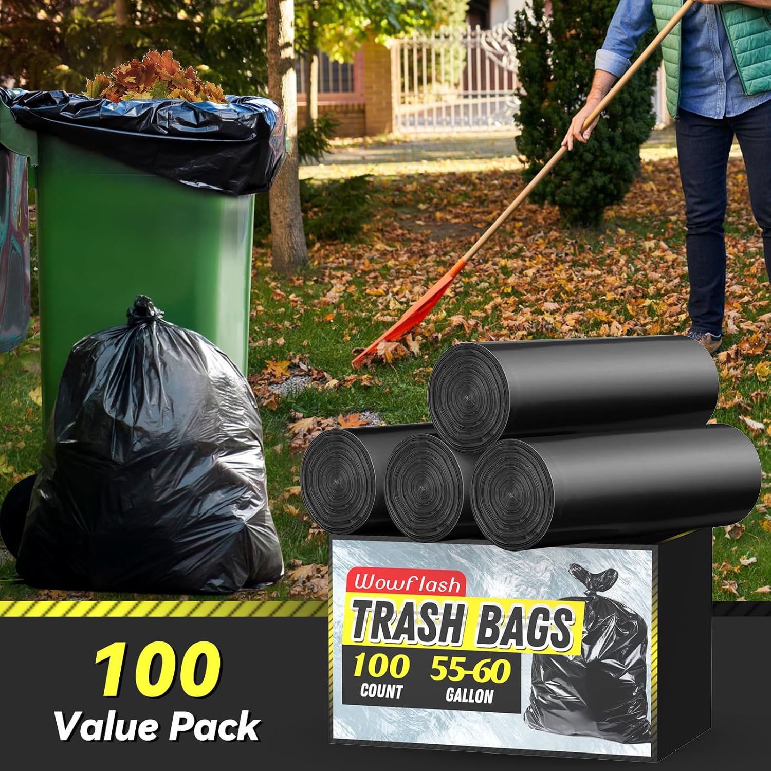 100 Count 55-60 Gallon Trash Bags, Sturdy & Tear-Resistant Commercial Can Liners 55 Gallon, Large