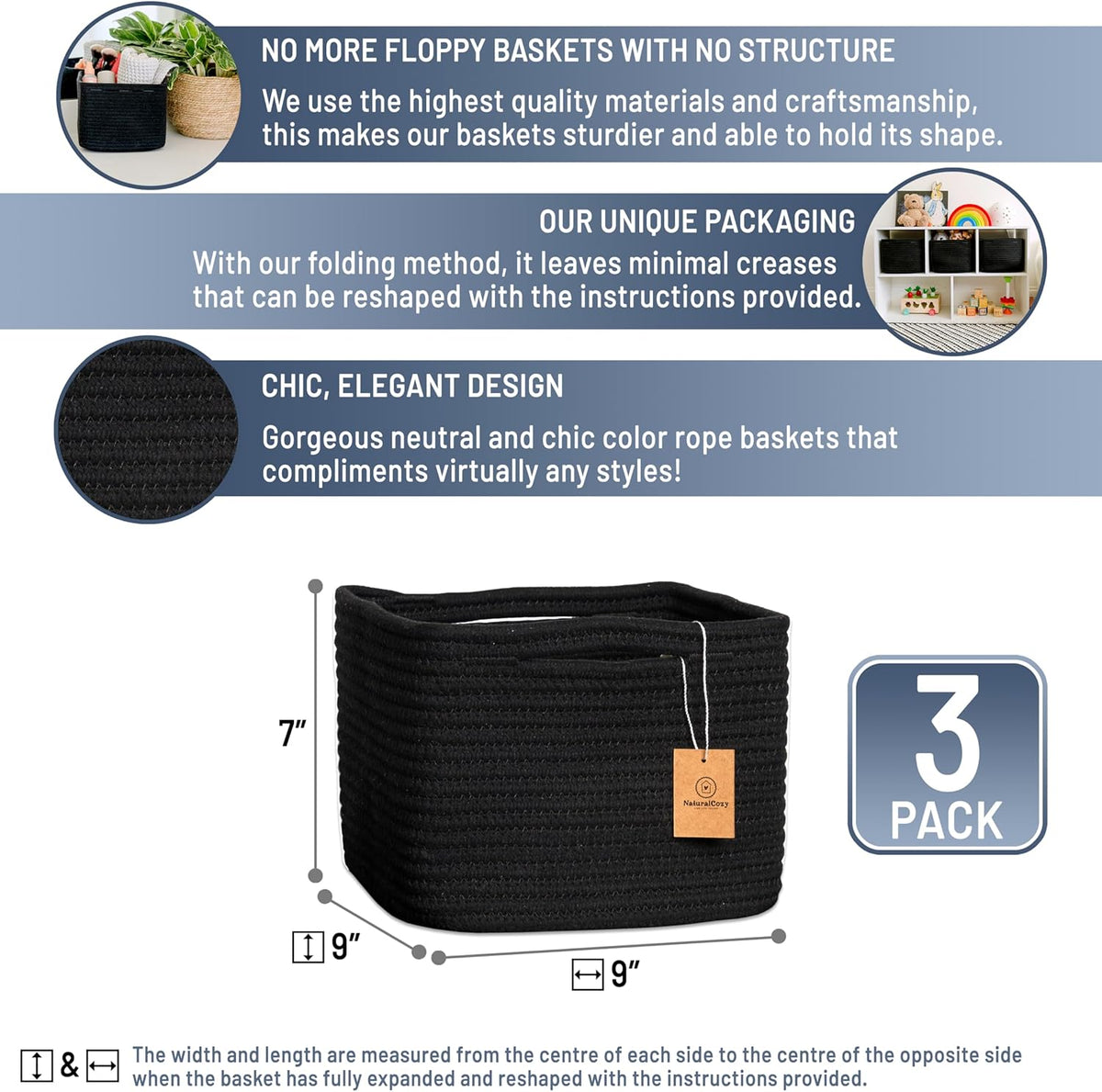 NaturalCozy Storage Cubes 9”x9”x7”Cotton Rope Woven Baskets for Organizing 3-Pack | 9 Inch Cube