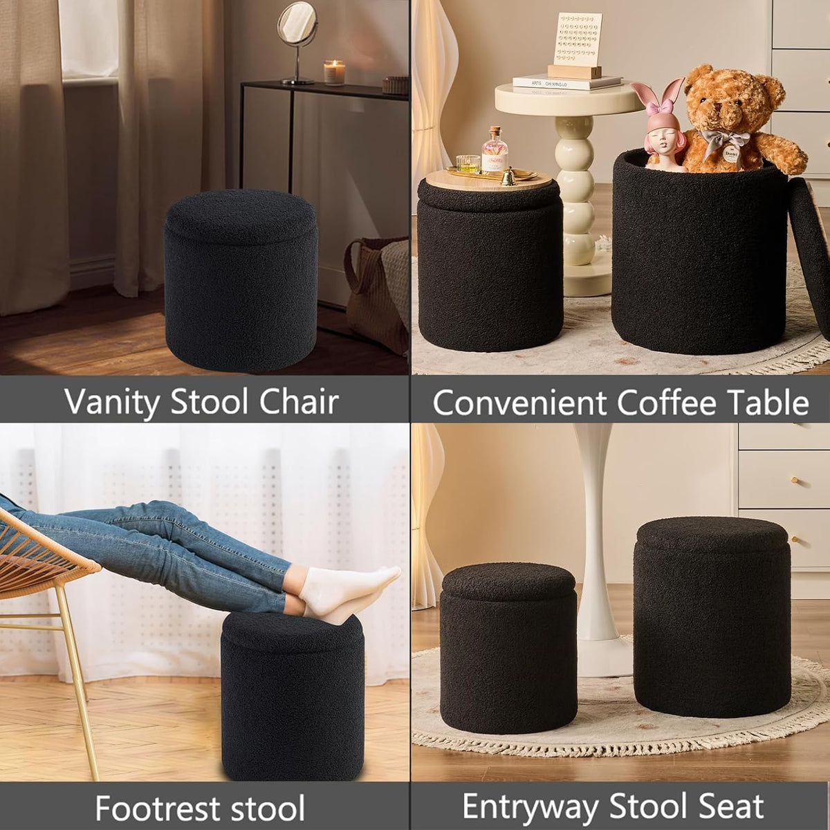 Round Ottoman with Storage Set of 2-Upholstered Sherpa Vanity Stool for Makeup Multifunctional