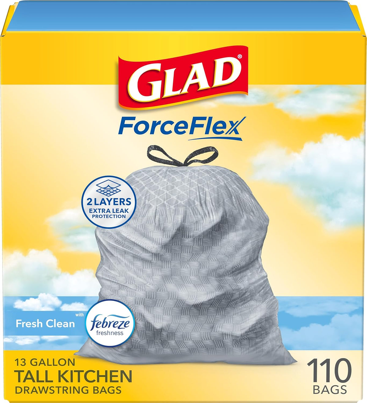 Glad Tall Kitchen Drawstring Trash Bags - Odorshield 13 Gallon White Trash Bag, Febreze Fresh