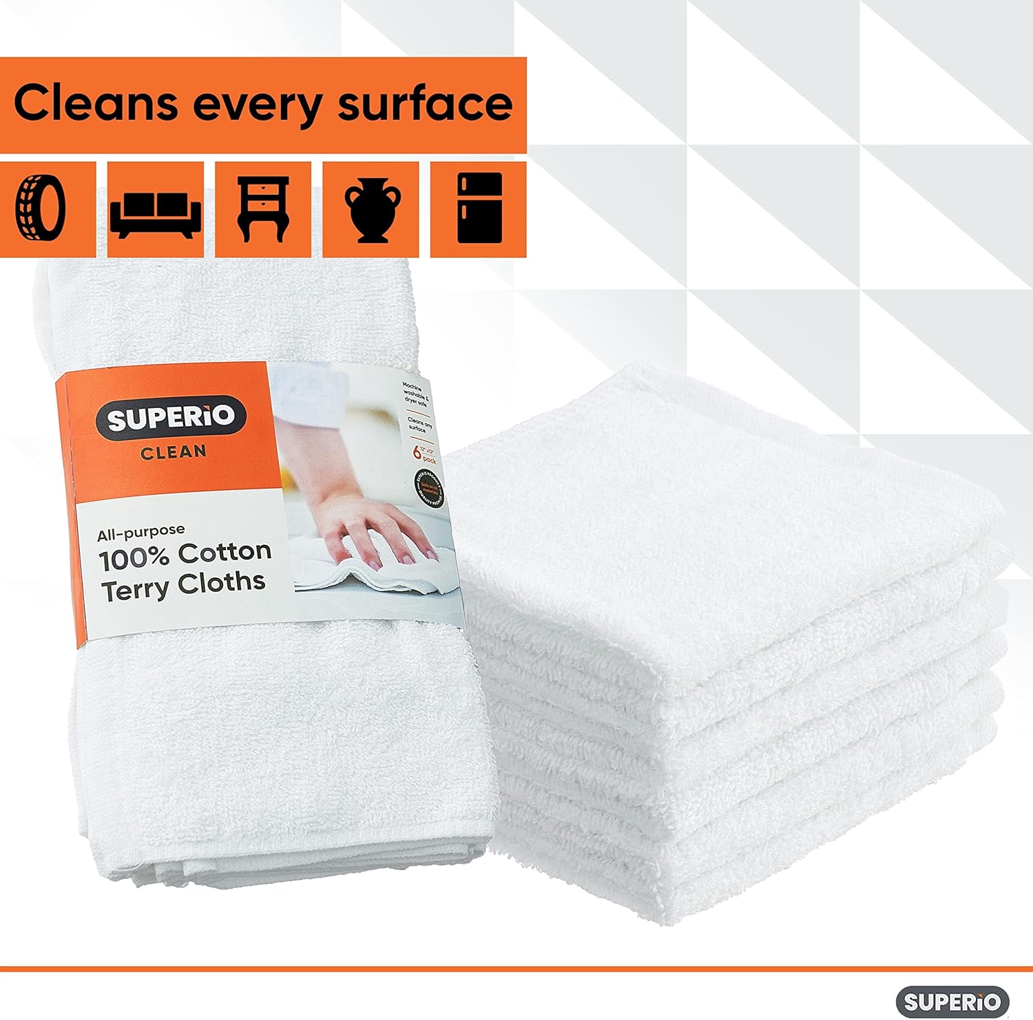 Superio Terry Cloth Rags White Washcloths 100% Cotton 12" Cleaning Cloths, Kitchen Towels, Facial
