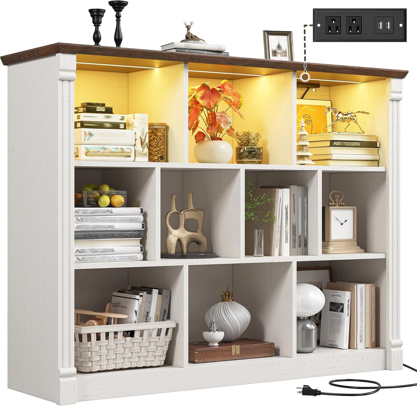 EnHomee 10 Cube Storage Organizer with LED Light and Charging Station Wood Cube Shelf White