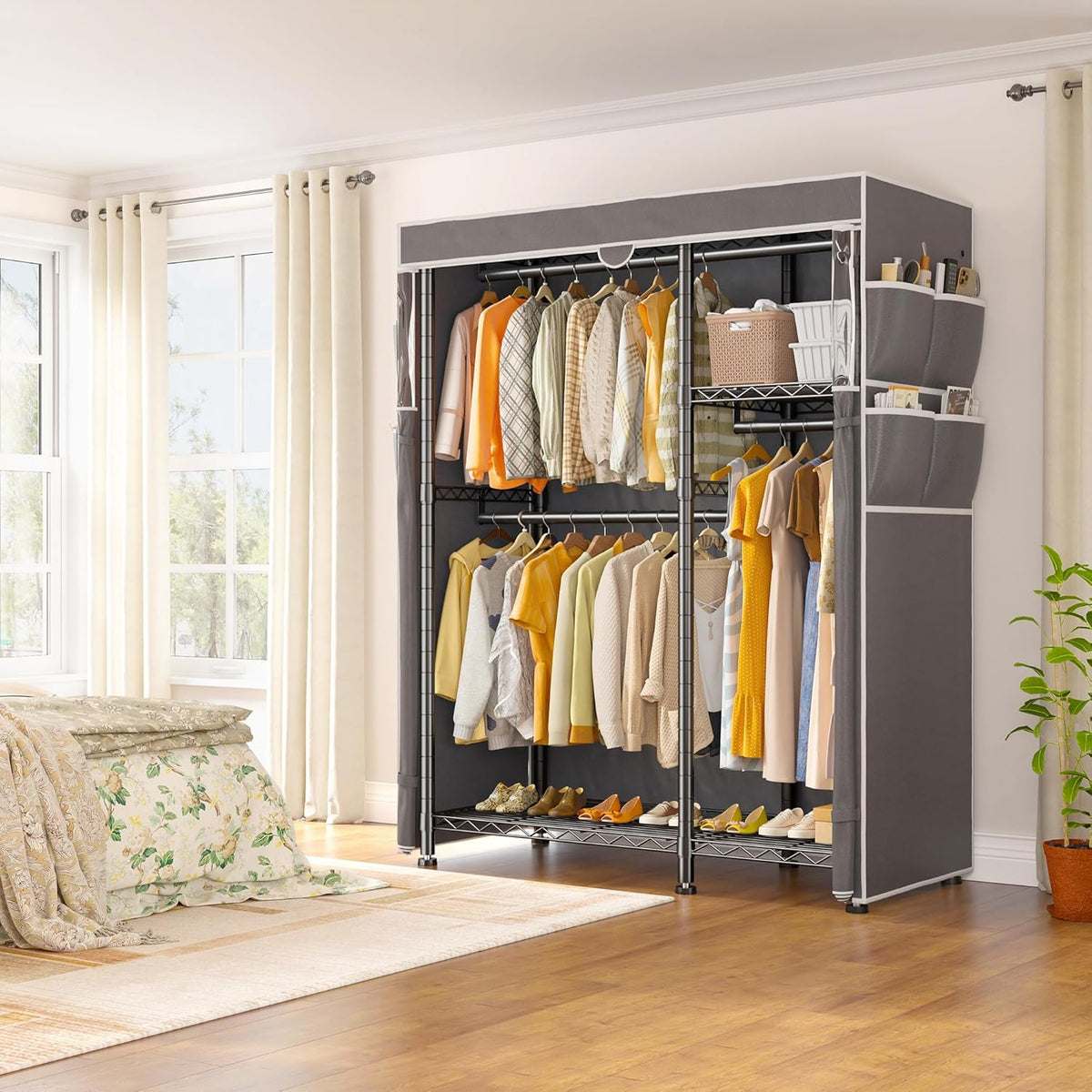 Raybee Clothes Rack with Cover,Clothing Racks for Hanging Clothes with Wheels and Adjustable