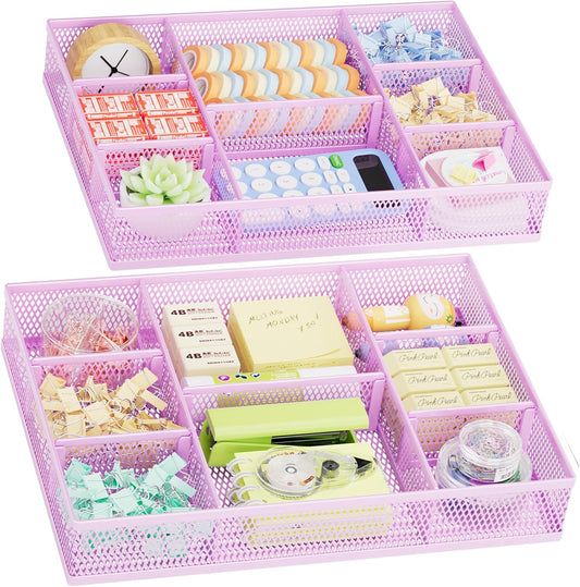 Marbrasse 2 Pack Desk Drawer Organizer, Mesh Drawer Organizer Tray with 8 Adjustable Compartments