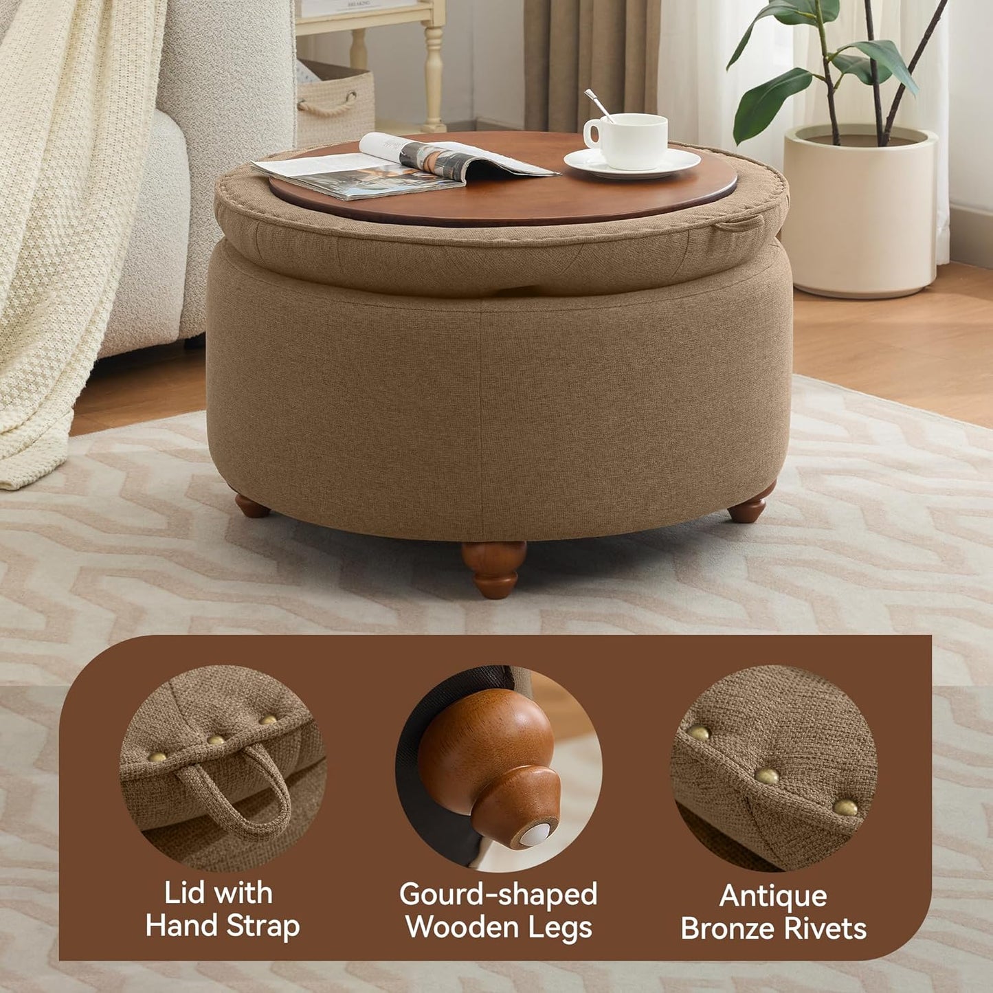 30Inch Round Storage Ottoman with Tray, Modern Tufted Fabric Circle Coffee Table with Storage