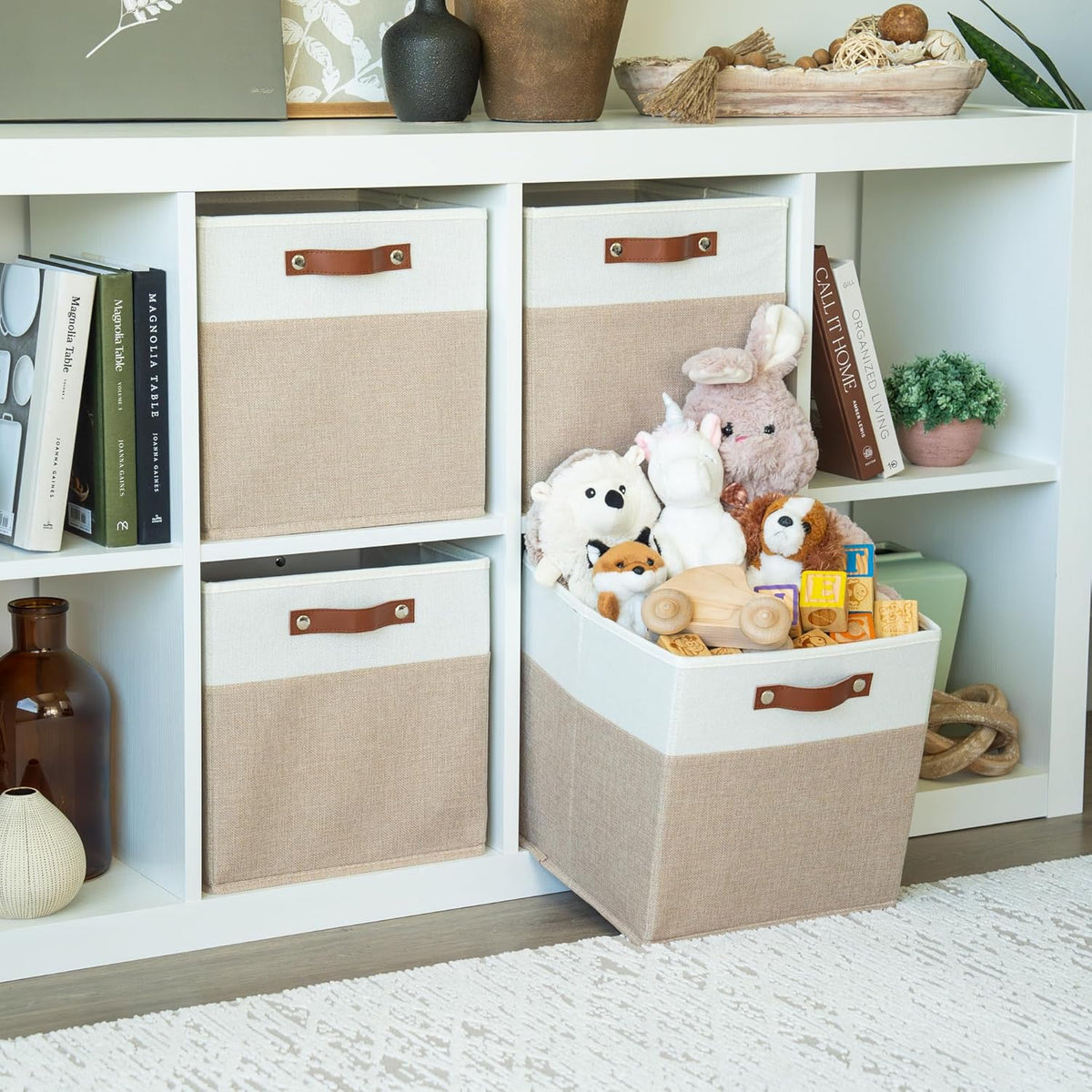 OrganiHaus 12x12 Fabric Storage Bins - Set of 4, Cube Fabric Organizer Bins with Vegan Handles