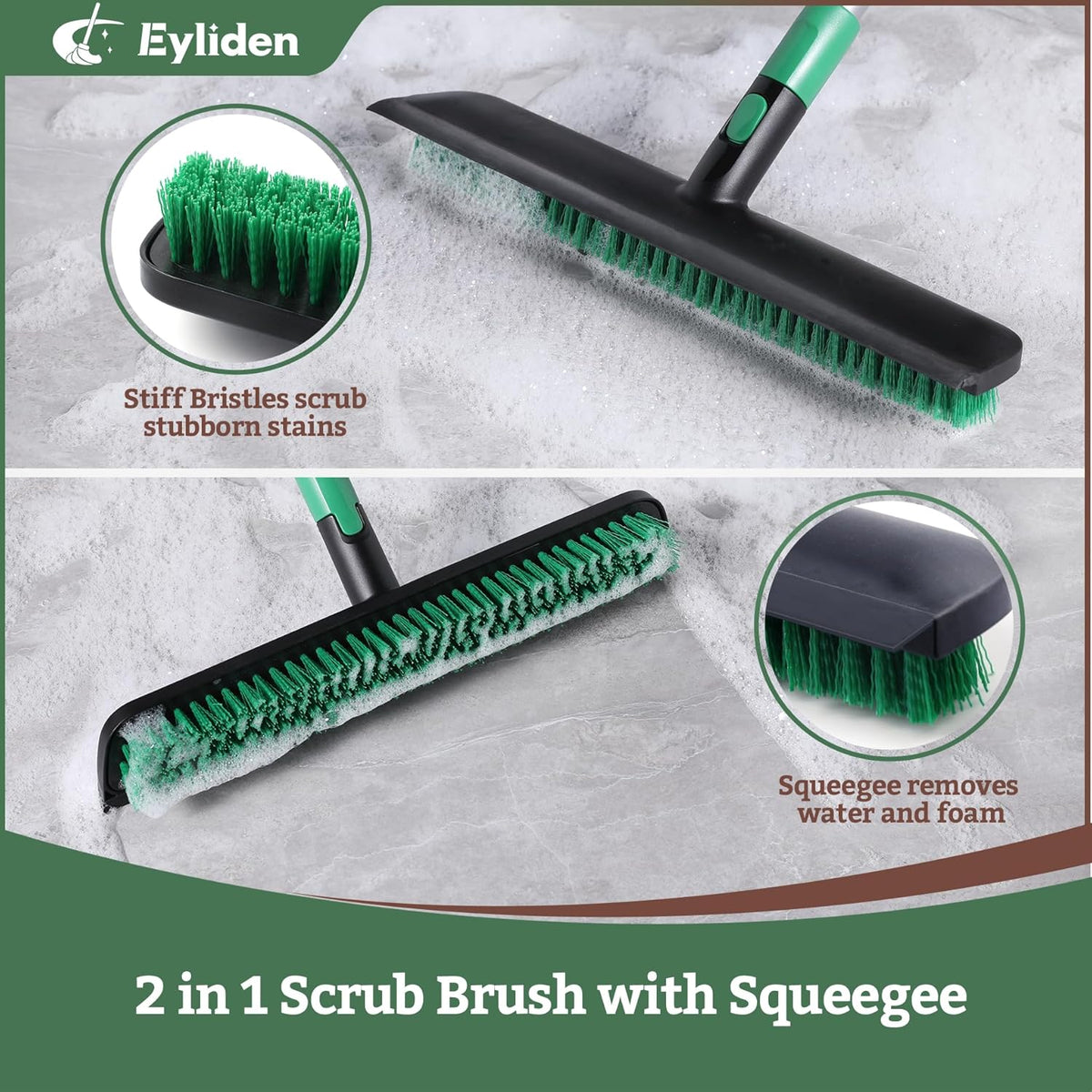 Eyliden X-Large Floor Scrub Brush, 2 in 1 Scrape Brushes with Rubber Squeegee | 55.3" Long Handle