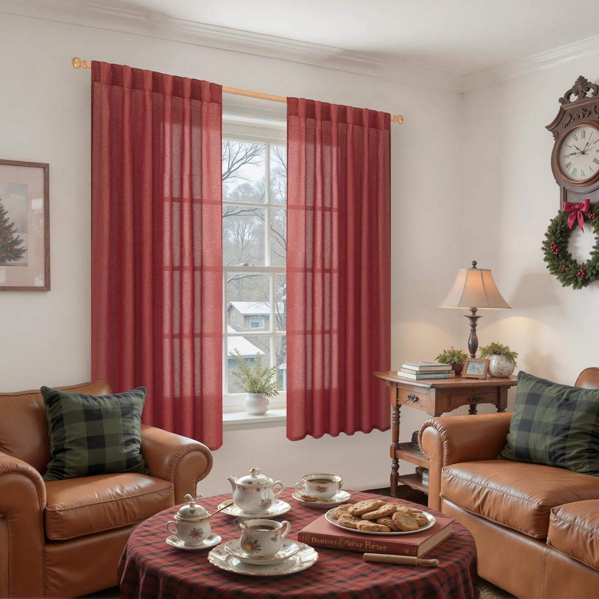 YoungsTex Red Linen Curtains 63 Inch Length 2 Panels for Living Room - Christmas Semi Sheer Window