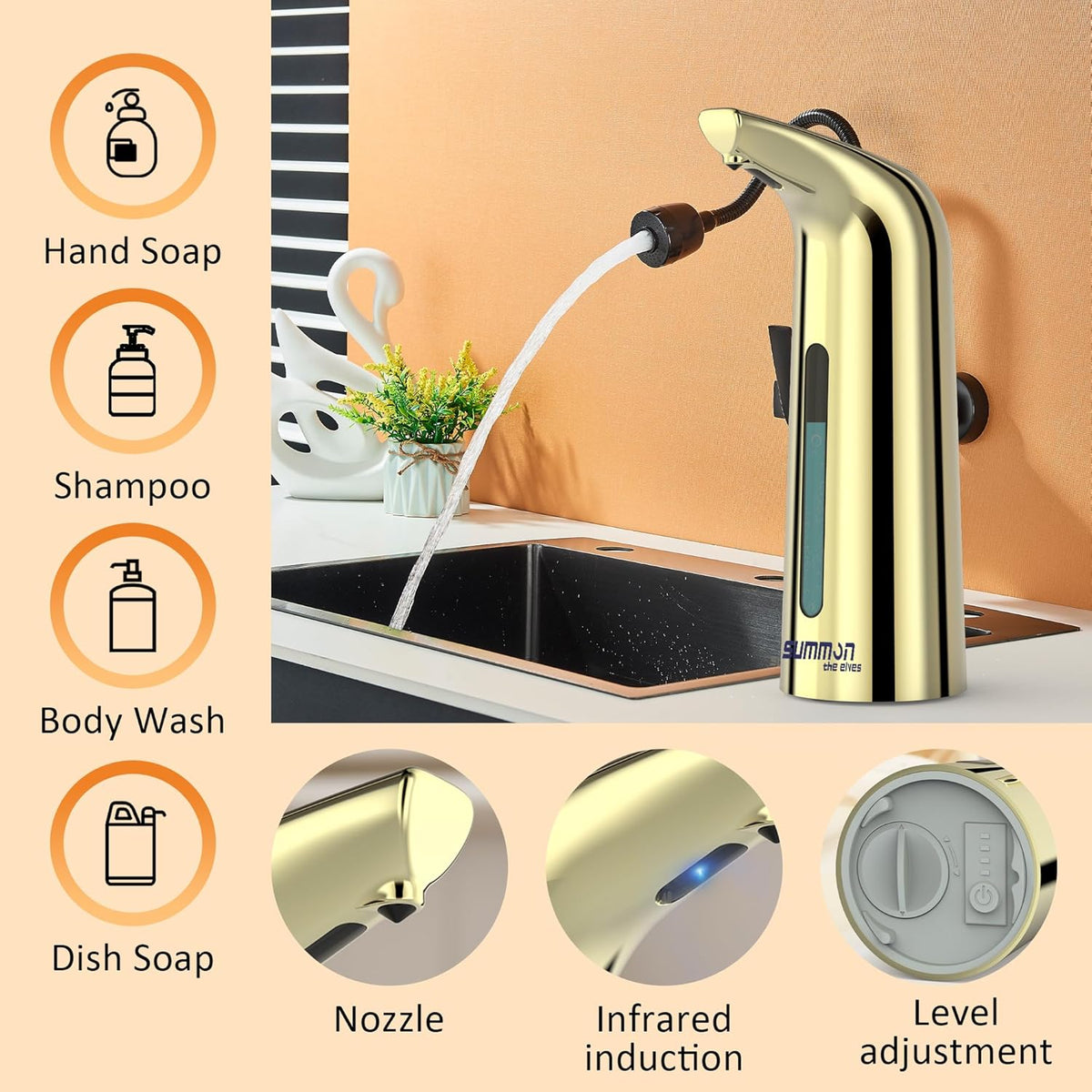 Automatic Liquid Soap Dispenser Touchless,400ML Hand & Dish Countertop Gold Electric Dispenser with