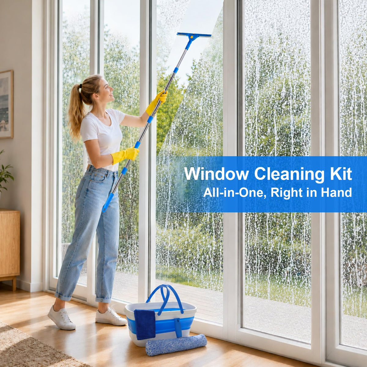 Window Cleaning Kit, Window Washing Kit with 3 Gallon Collapsible Bucket, 14-Inch Squeegee &