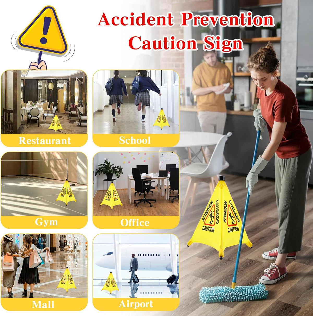 4-Packs Wet Floor Signs 20 Inch, Pop UP Bilingual Yellow Caution Wet Floor Sign with Wall Mounted