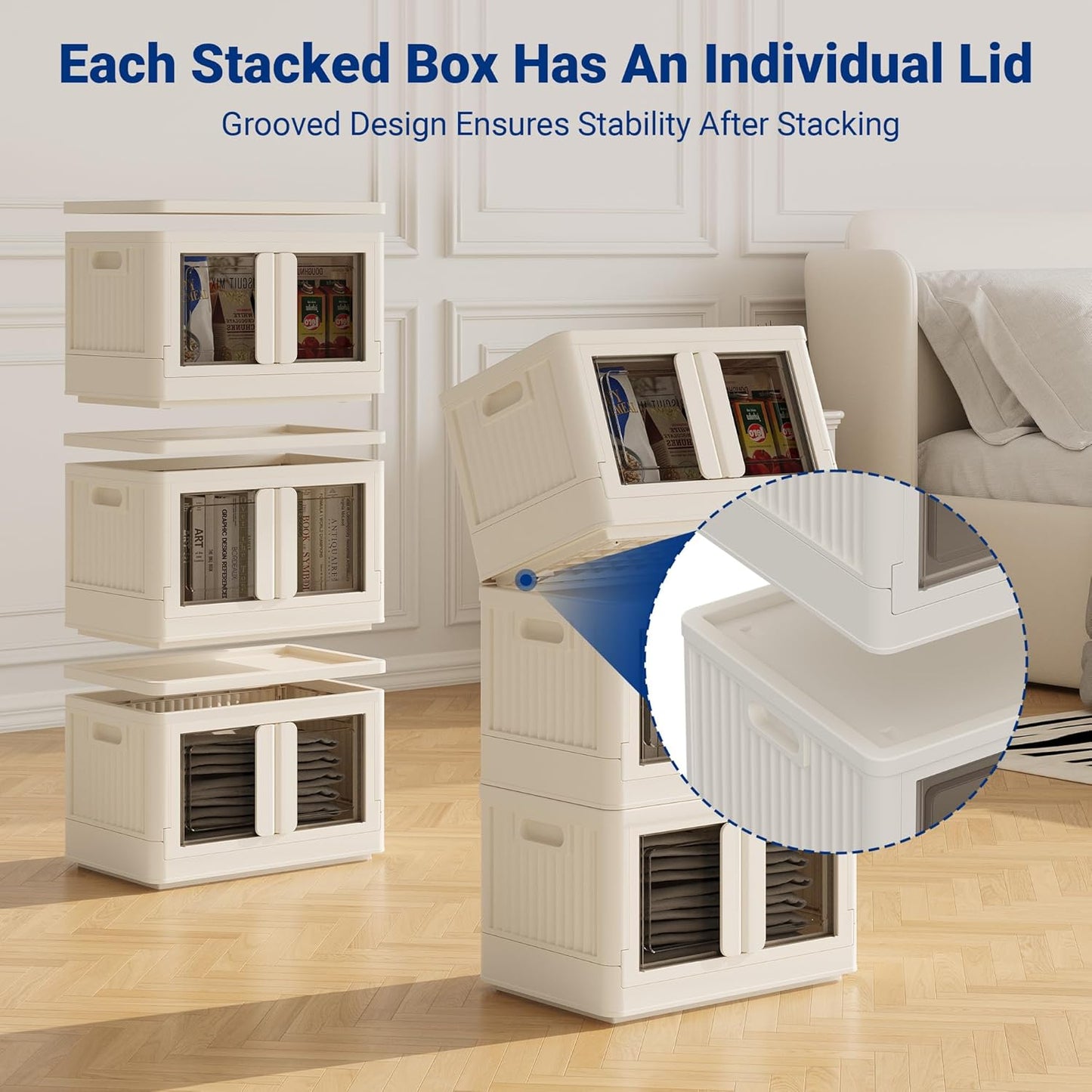 FLEXIMOUNTS 110 QT Stackable Storage Bins With Lids, Collapsible Plastic Storage Bins With Doors