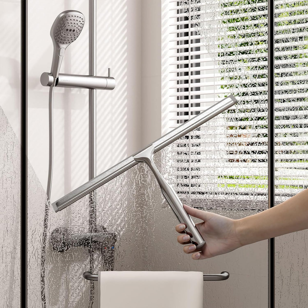 Shower Squeegee for Glass Doors, Squeegee for Shower Glass, Bathroom with Hook, Stainless Steel