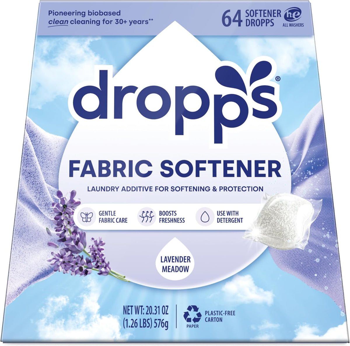 Dropps Laundry Fabric Softener Pods, Lavender Meadow (64 Pods) - Laundry Additive for Softening &