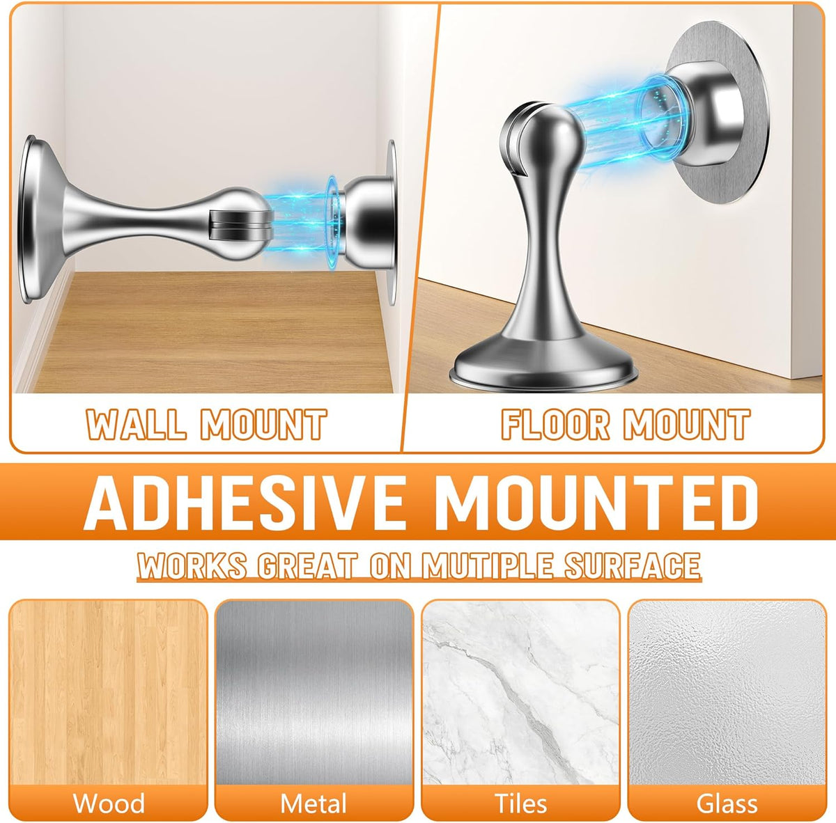 Crosize Magnetic Door Stoppers 4 Pack, Stainless Steel Door Catch for Wall and Floor Mounting, Door