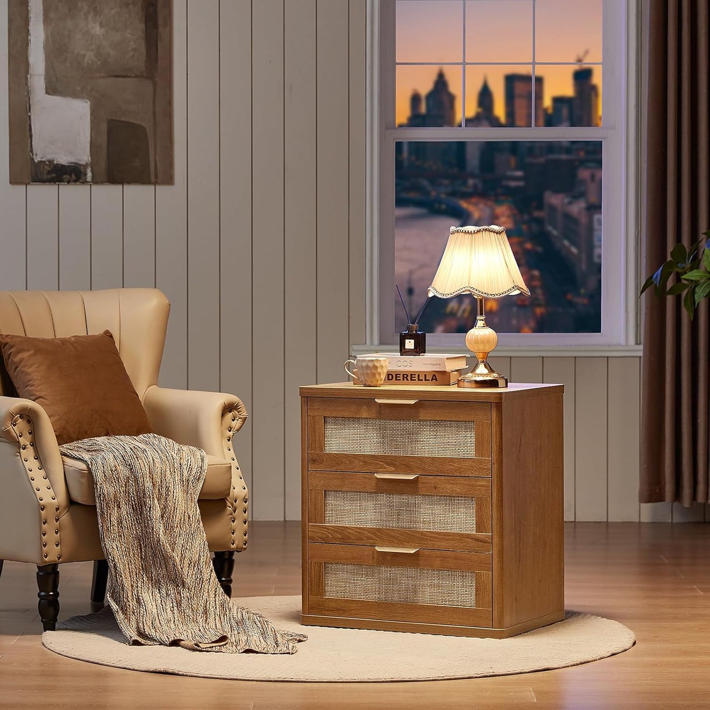 LEYAOYAO Rattan Night Stand Set of 2 with Drawers, 23" Large 3 Drawer Boho Nightstand, Natural Wood