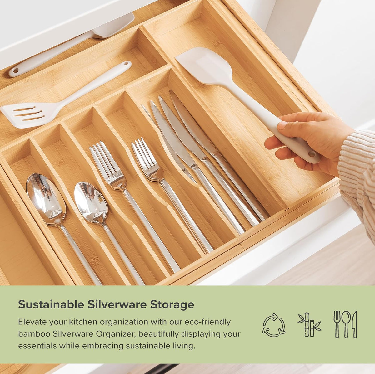 KitchenEdge Premium Silverware, Flatware and Utensil Organizer for Kitchen Drawers, Food-Safe