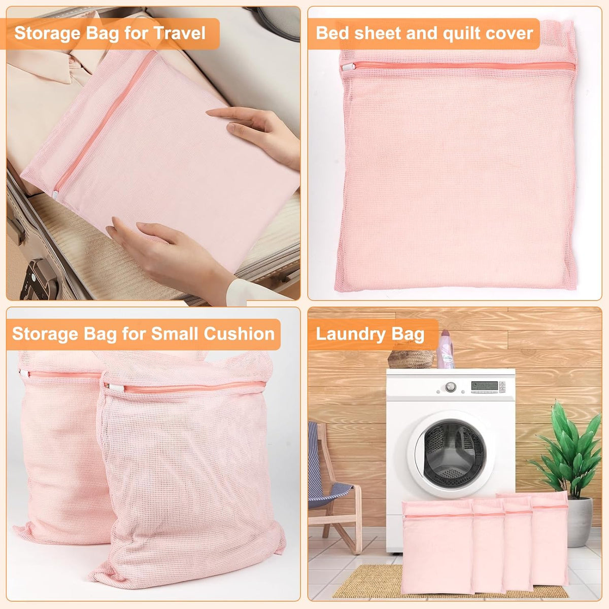 4-Piece Pink Large Durable Organic Cotton Mesh Laundry Bags with Sturdy Zippers and Breathable Mesh