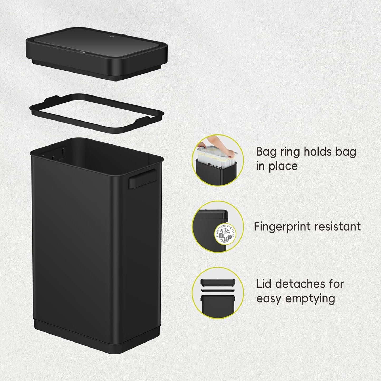 EKO Deluxe Mirage-T 50 Liter / 13.2 Gallon Touchless Rectangular Motion Sensor Trash Can, Matte