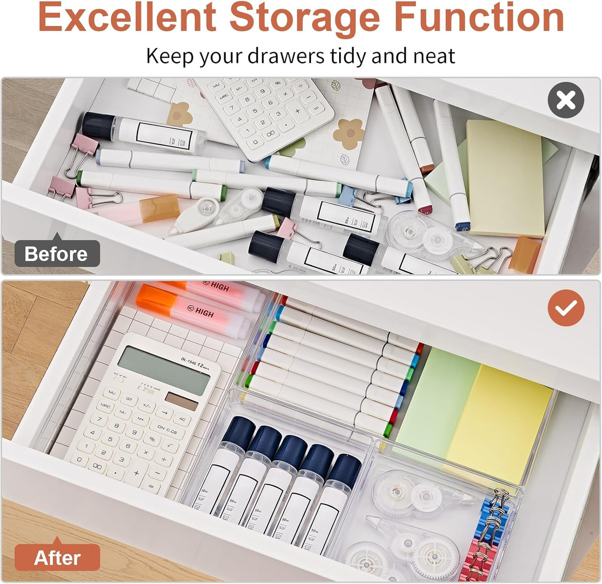 SMARTAKE 6 PCS Clear Plastic Drawer Organizers Set, Large Size Non-Slip Desk Drawer Organizer