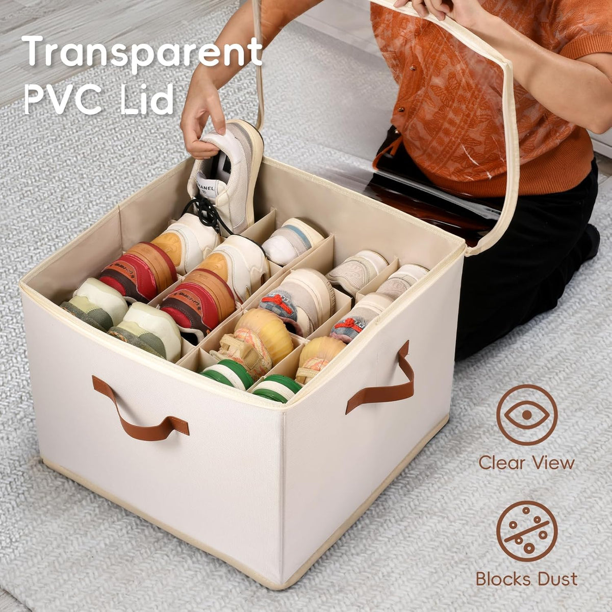 Shoe Organizer for Closet, 3 Pack Shoe Storage Bins with Clear Cover, Adjustable Dividers Fits