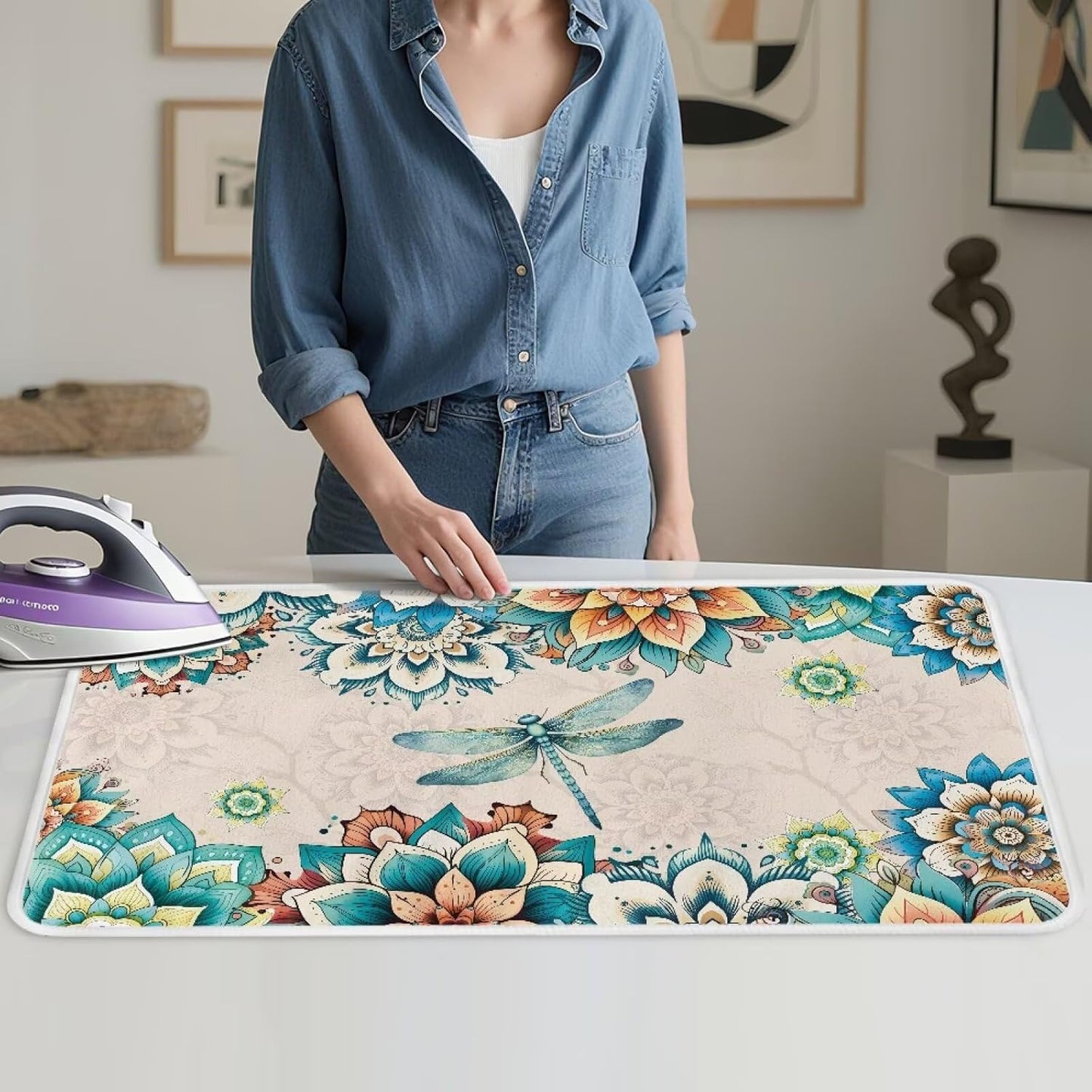 Bohemian Folding Ironing Mat Heat and Steam Resistant Dragonfly Ironing Pad 32 x 16 Inch Foldable