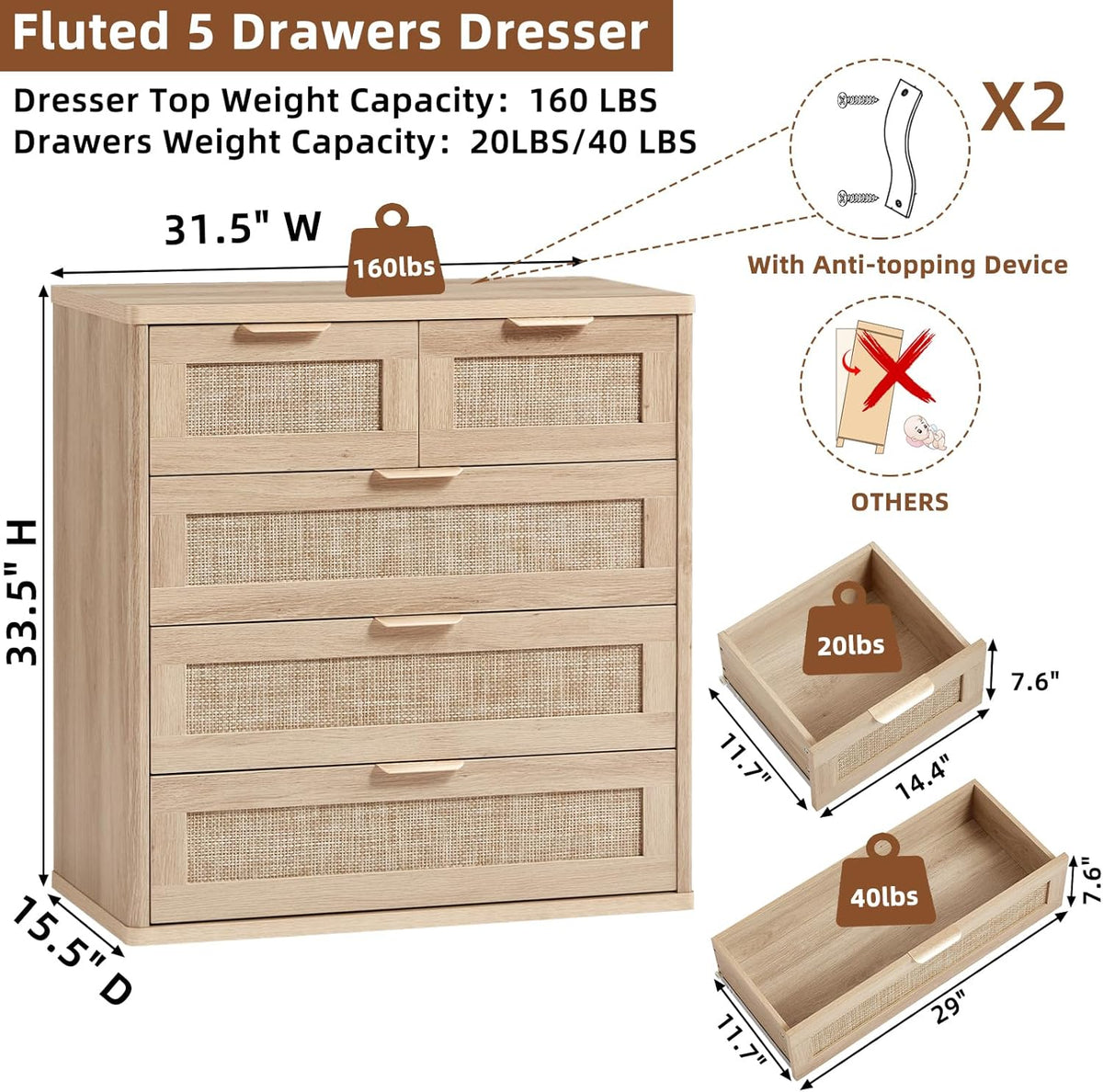 LEYAOYAO Rattan Dresser for Bedroom, 33.5" Tall Chest of Drawers, Modern 5 Drawers Boho Dressers