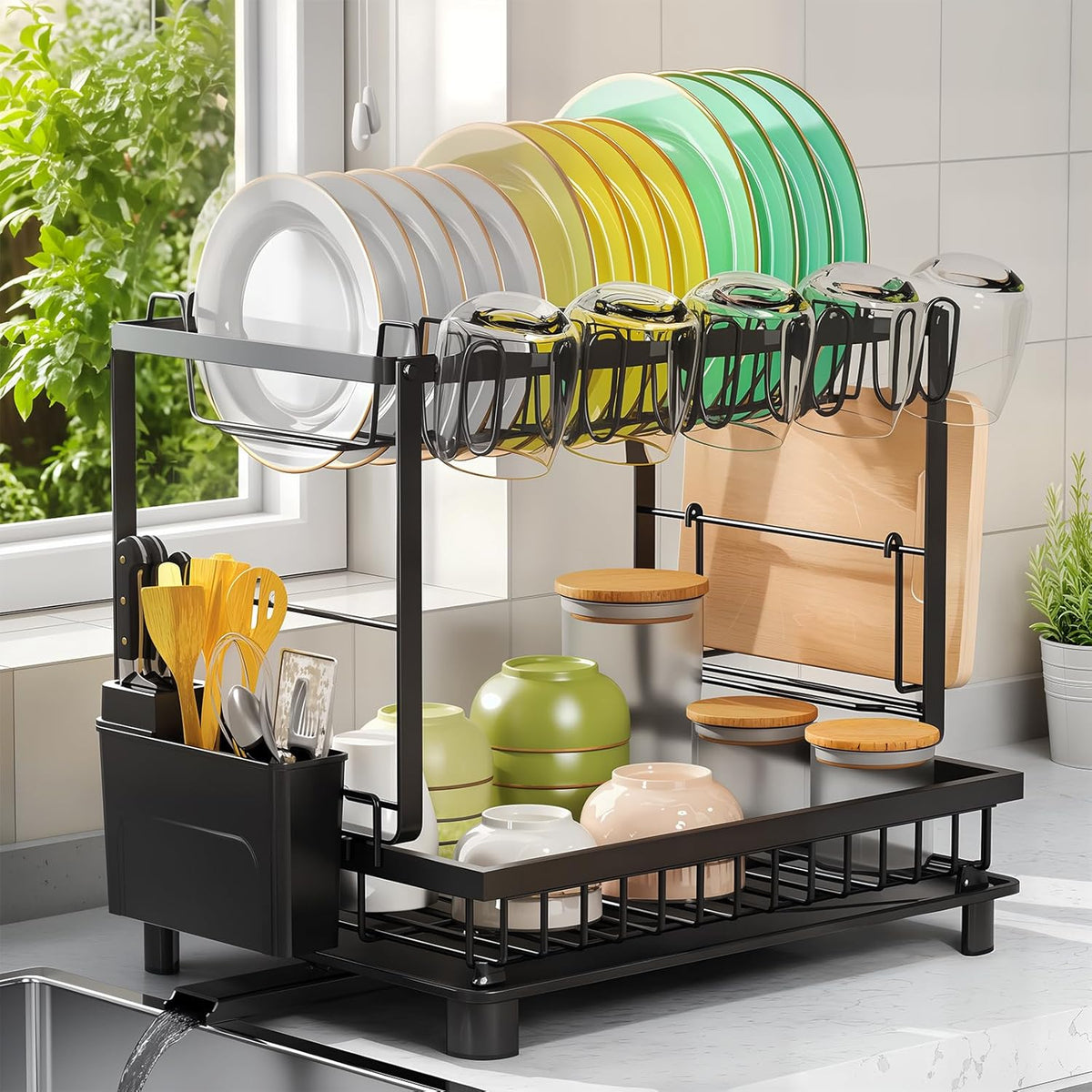 Dish Drying Rack, 2 Tier Space-Saving Dish Rack, Multifunctional Dish Drainer for Kitchen Counter