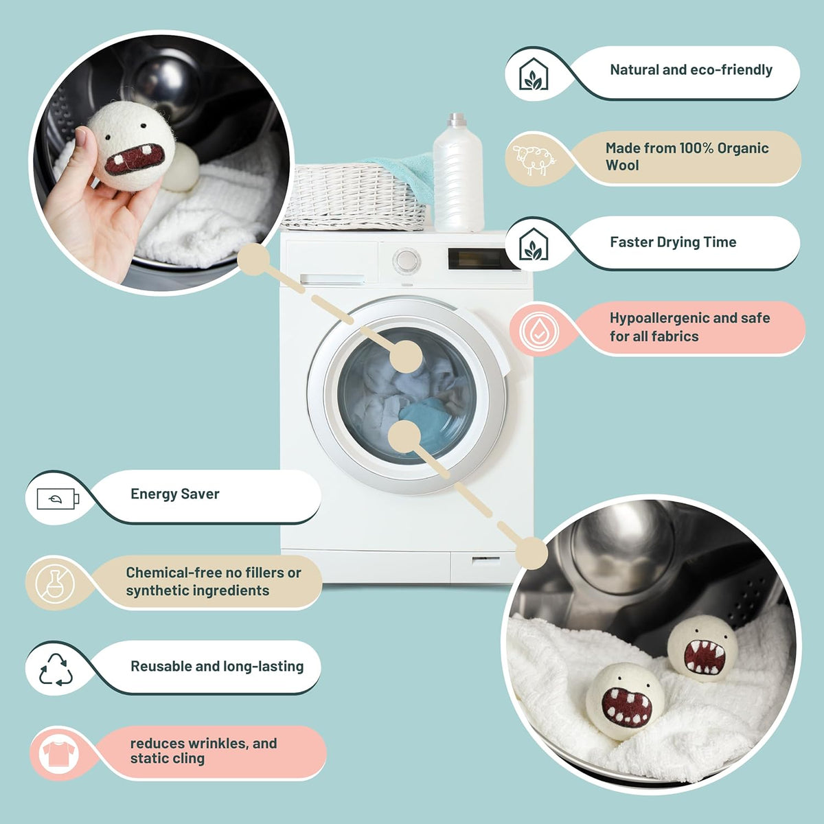 Woolbuddy Dryer Balls, 6-Pack Reusable Wool Laundry Accessories, Monster Design for Pet Hair