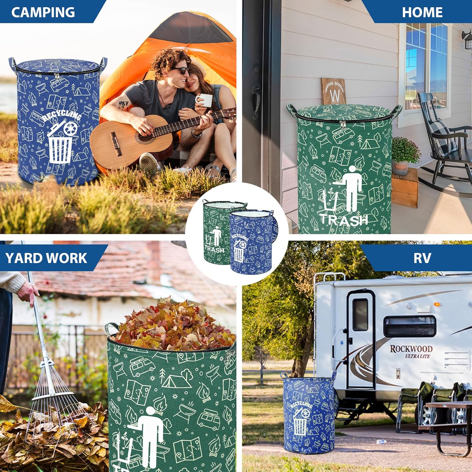 2 Pack Collapsible Trash Can Camping with Zippered Lid Foldable Storage Bin Portable Garbage Can