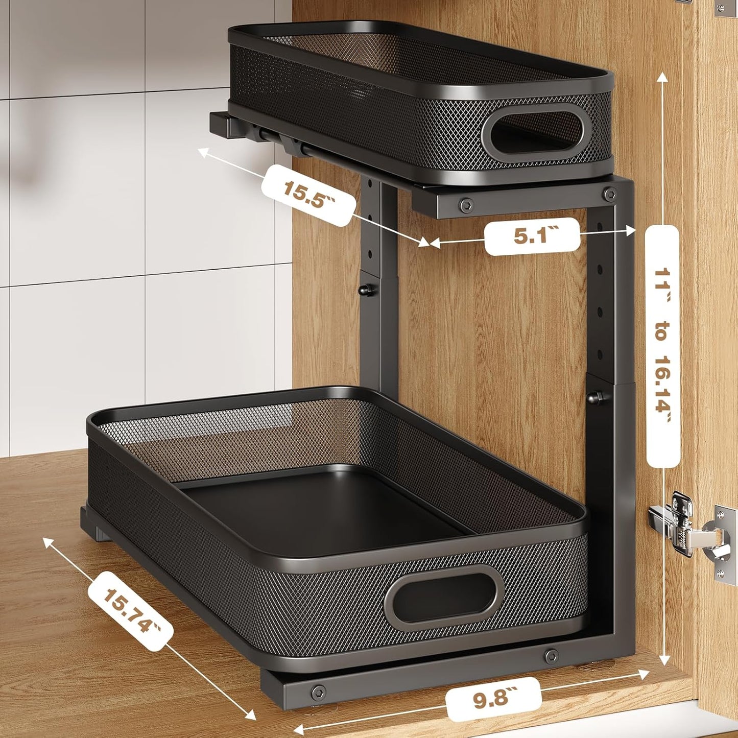 2 Pack 15.7IN-Depth Under Sink Organizer With Smooth Cylindrical Rail,2-Tier Pull Out Multi-Purpose